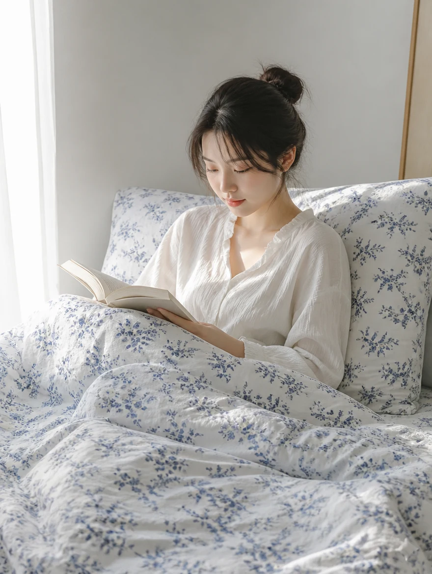 플라워·스트라이프 침구로 연출한 침대